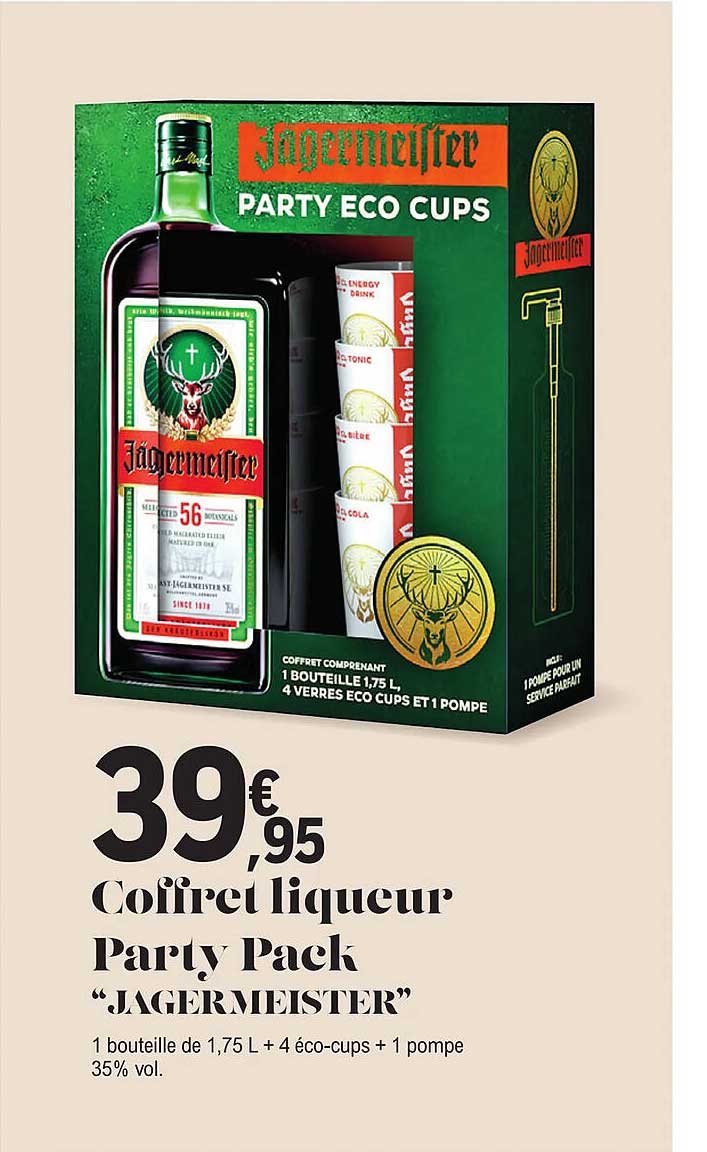 Coffret PartyPack - Liqueur Jägermeister 35,0% Vol. 175cl + 4 verres  éco-cups + 1 pompe - La cave Cdiscount