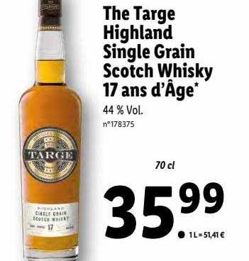 Promo The Targe Highland Single Grain Scotch Whisky 17 Ans D'âge chez Lidl