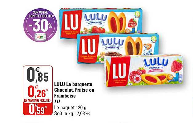 Promo Lulu La Barquette Chocolat, Fraise Ou Framboise Lu chez G20