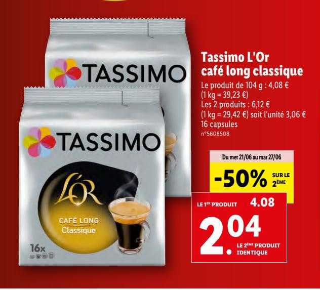 Café dosettes café long classique compatibles Tassimo L'OR : le