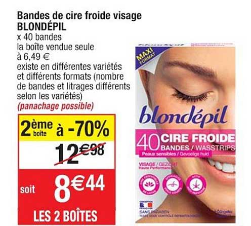 Promo Bandes De Cire Froide Visage Blondépil 2ème Boîte à -70% Chez ...