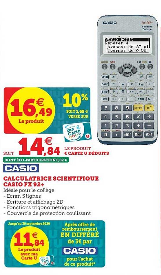 Promo CASIO CALCULATRICE SCIENTIFIQUE CASIO FX92 COLLEGE chez Hyper U