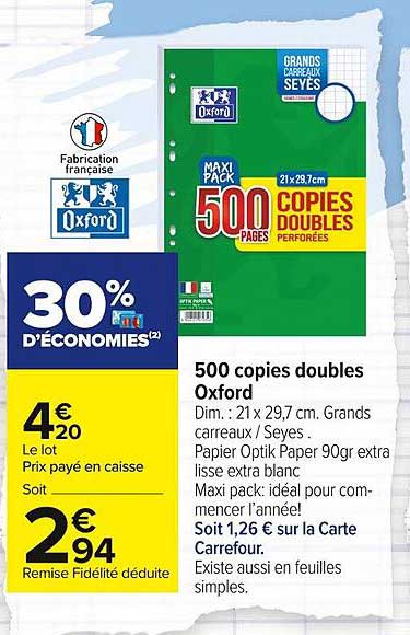OXFORD Lot 400 Pages Copies Doubles Grands Carreaux Seyès Format A4 (21x29, 7cm) Perforées