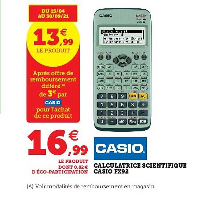 Promo Calculatrice CASIO FX92 special college chez Casino Supermarchés