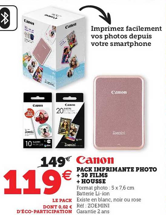 Pack imprimante photo CANON ZOEMINI blanc+30 films+housse - Super U, Hyper  U, U Express 