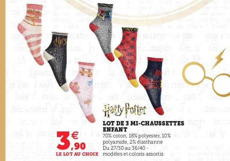 Lot De 3 Paires Chaussettes Harry Potter Enfant – Courtes, Unisexe, Coton, Tailles 23/26 à 31/34