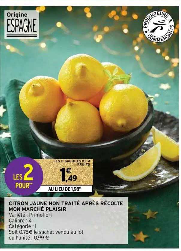 Citron jaune Primofiori Bio : le sachet de 4 fruits à Prix Carrefour