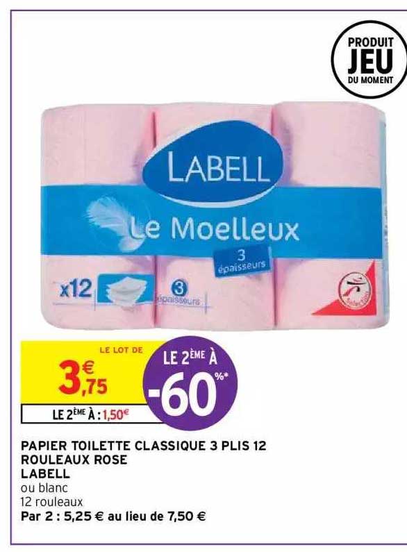 Promo Papier toilette classique 3 plis 12 rouleaux blanc LABELL chez  Intermarché Hyper