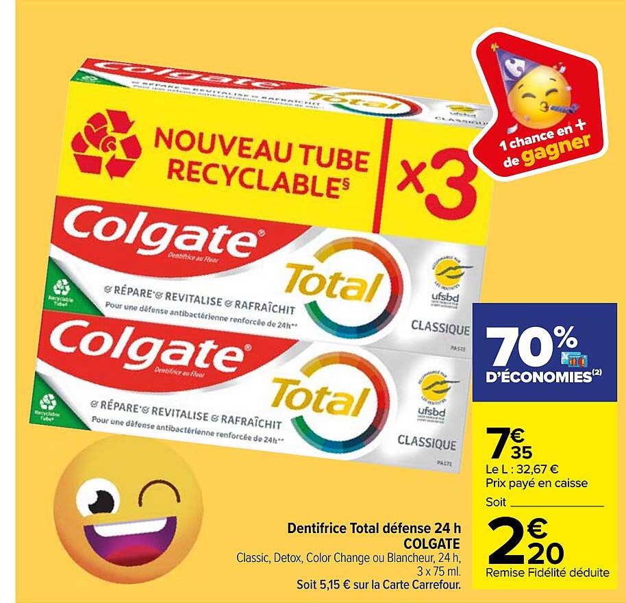 Colgate Promo Promo Dentifrice Total Défense 24 H Colgate chez Carrefour - iCatalogue.fr