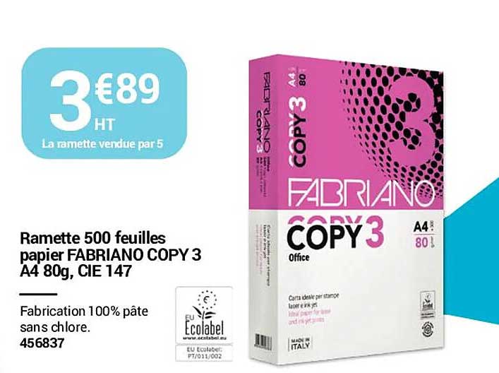 Promo Ramette 500 Feuilles Papier Fabriano Copy 3 A4 80 G, Cie 147 Chez