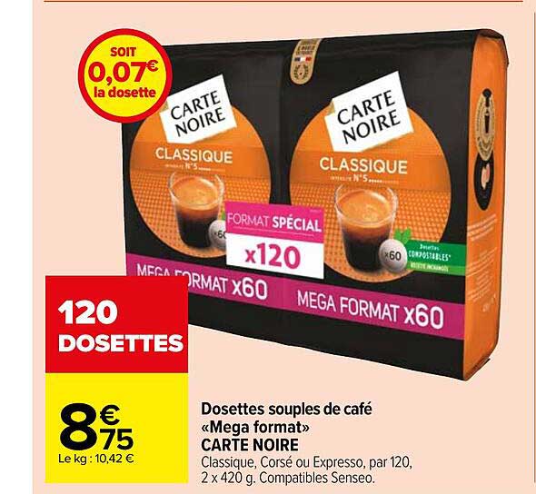Carrefour Market Dosettes Souples De Café «mega Format» Carte Noire