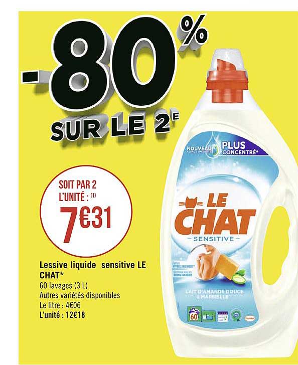 Offre Lessive Liquide Le Chat Sensitive 80 Sur Le 2e Chez Geant Casino
