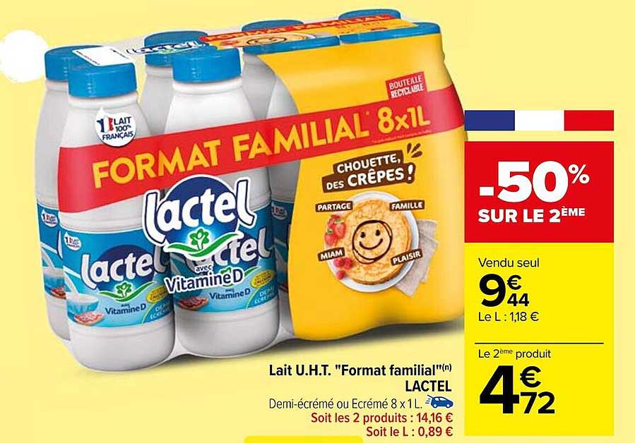 AUCHAN Lait demi-écrémé UHT 8x1L pas cher 