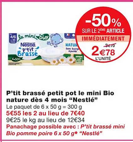 Nestlé P'tit Brassé Bio Nature - 4 Pots De 90 G - Pour Bébés Dès 4/6 Mois - Sans Sucres Ajoutés, Conservation Hors Frigo