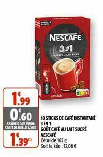 Café Soluble 3en1 Café au lait sucré NESCAFE : la boîte de 165g - 10 sticks  à Prix Carrefour
