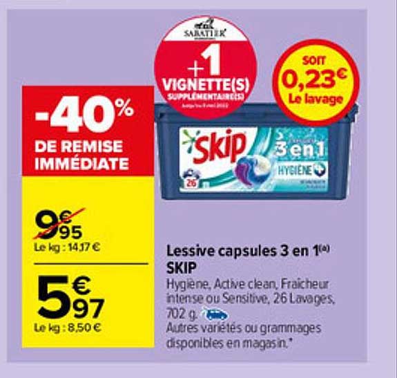 Promo Lessive capsules 3 en 1 SKIP chez Carrefour Market
