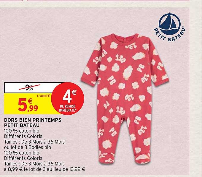 Pyjama Bébé Sans Pieds Petit Bateau - Confortable Et Facile à Changer, En Coton Bio