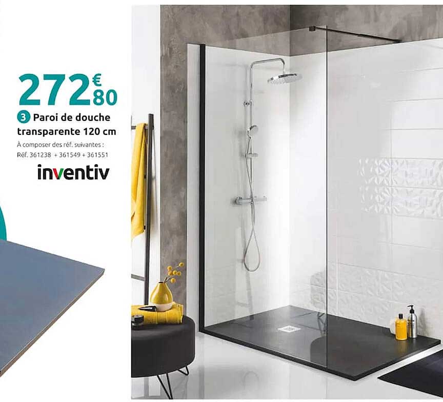 Promo Paroi De Douche Transparente 120 Cm Inventiv chez Mr Bricolage
