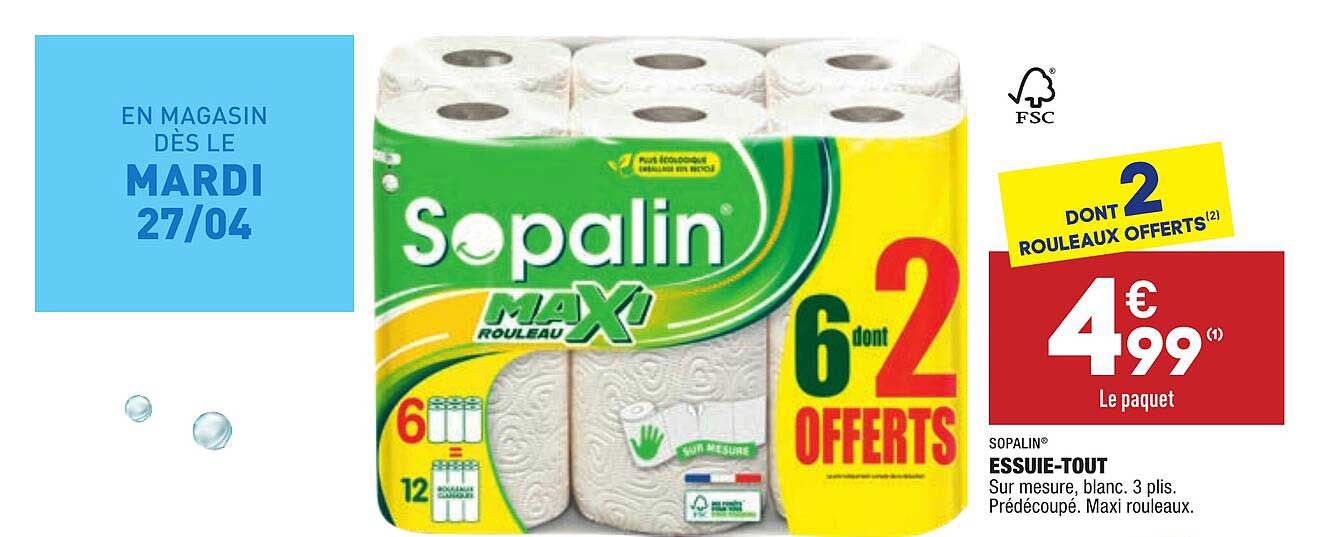 SOPALIN Essuie-tout décoré maxi rouleaux 3 rouleaux + 1 offert pas cher 