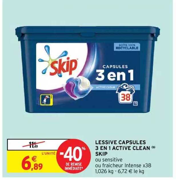 Promo Lessive capsules 3 en 1 Active Clean Skip chez Intermarché Hyper