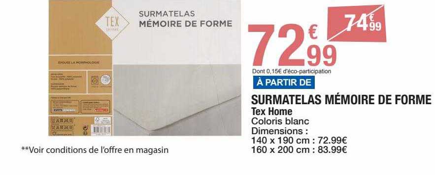 Surmatelas blanc à mémoire de forme 140x190 cm TEX HOME : le surmatelas à  Prix Carrefour