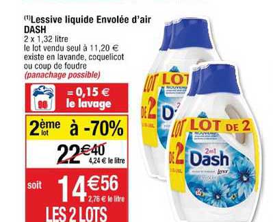 Promo LESSIVE LIQUIDE ENVOLÉE D'AIR DASH(¹) Le lot de 2 x 35 lavages  (2x1.8071) chez Auchan