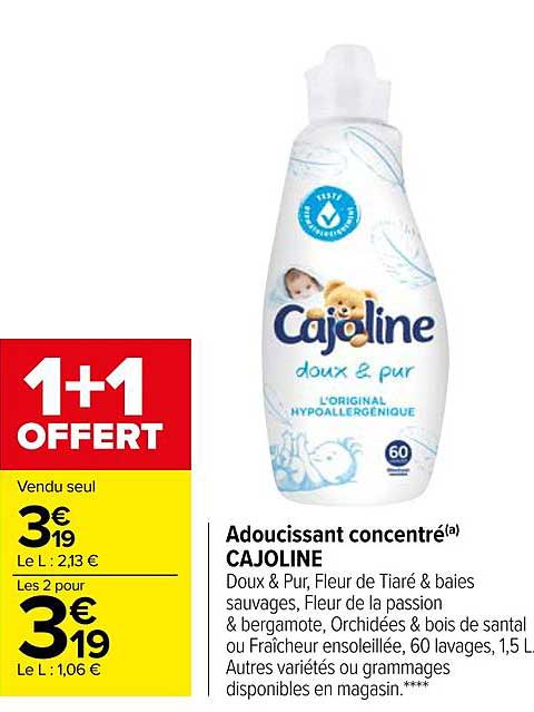 Promo Adoucissant Concentré Cajoline 1+1 Offert chez Carrefour 