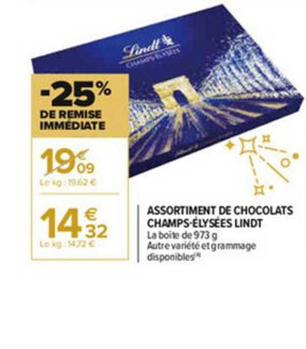 Chocolat assortiment Champs Elysées LINDT : la boite de 973g à Prix  Carrefour