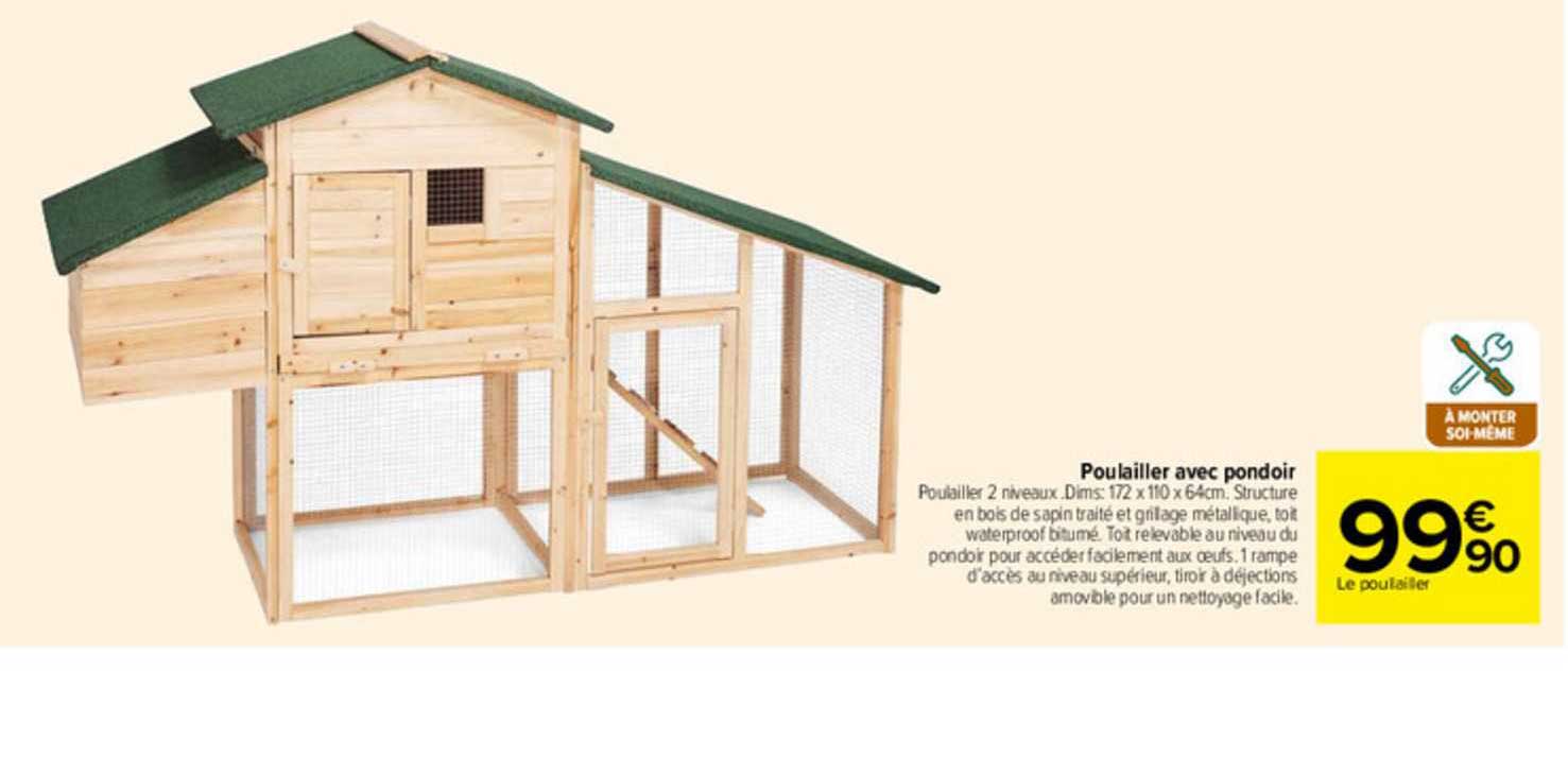 Poulailler Landais 6-10 Poules - Bois Pin, Toit Shingle Vert, Pondoir 4 Nids, Tiroir Déjections - 125x125x118 Cm