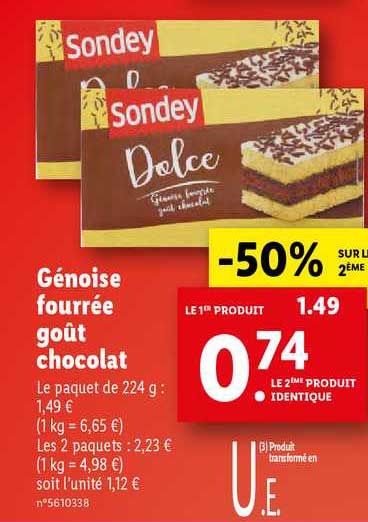 Offre Genoise Fourree Gout Chocolat Dolce Sondey 50 Sur Le 2eme Chez Lidl