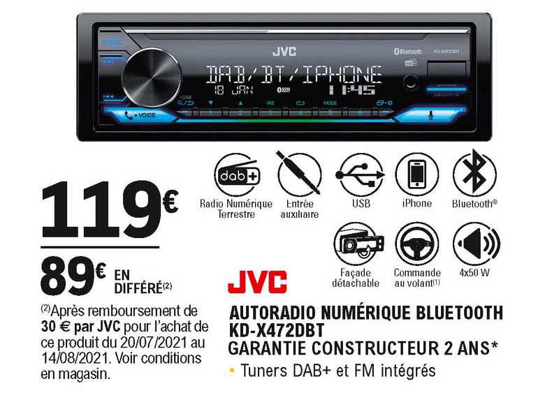 Autoradio Bluetooth DAB+ KD-X472DBT JVC - Feu Vert