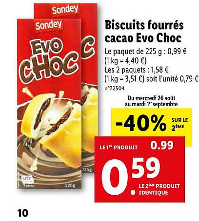 Offre Biscuits Fourres Cacao Evo Choc Sondey 40 Sur Le 2e Chez Lidl
