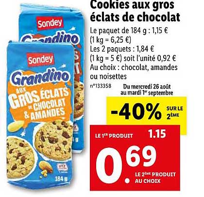 Offre Cookies Aux Gros Eclats De Chocolat Grandino Sondey 40 Sur Le 2e Chez Lidl
