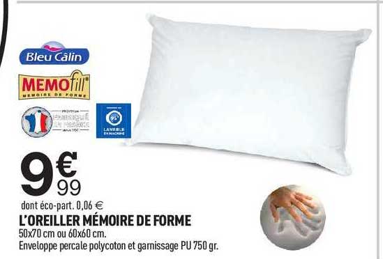 Offre L'oreiller Mémoire De Forme Bleu Câlin Memofill chez Centrakor