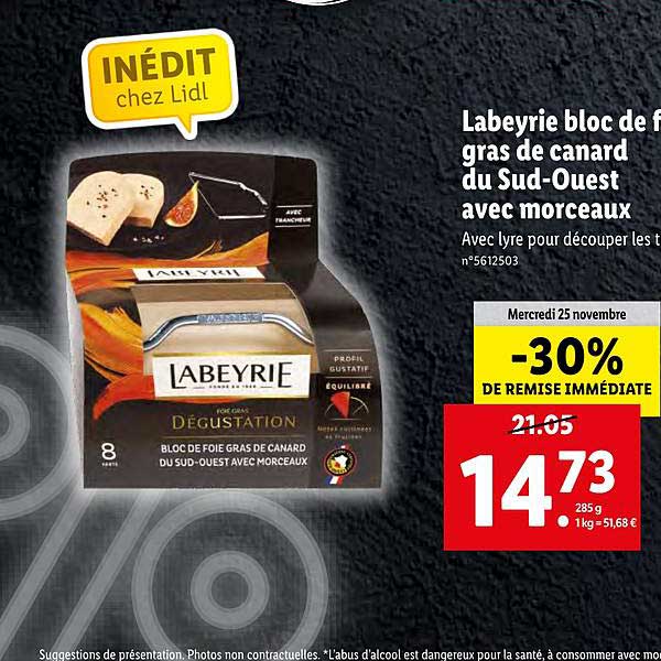 Promo Labeyrie bloc de foie gras de canard du Sud-Ouest chez Lidl