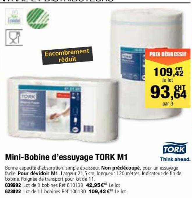 Papier Essuie-tout Tork Basic W1 – Bobine 510m 2 Plis, Lot De 2, Compatible Dérouleurs Muraux Et Au Sol