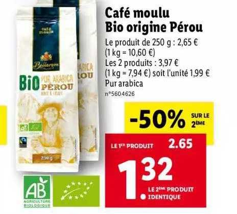 Café moulu origine Pérou Bio en vente chez Lidl
