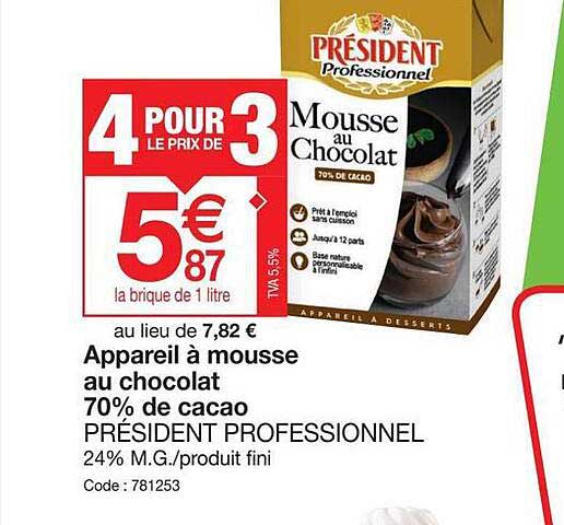 Promocash Appareil à Mousse Au Chocolat 70% De Cacao Président Professionnel