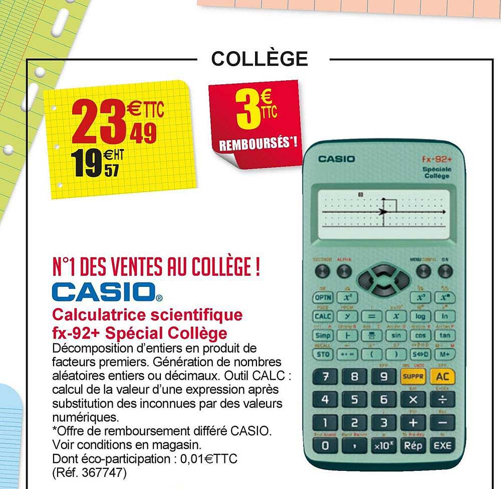 Promo Calculatrice scientifique spéciale collège fx-92 Garantie