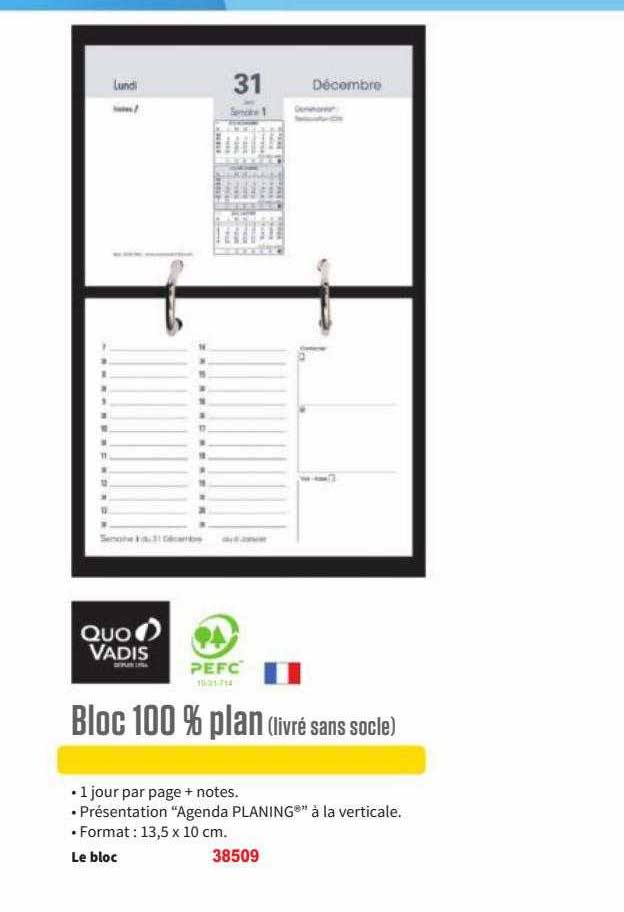 Recharge éphéméride Quo Vadis 2025 - 1 Jour Sur 2 Pages - Format 13,5 X 10 Cm - Bloc 100% Plan