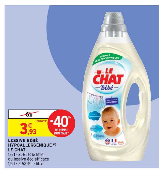 Promo Lessive Bébé Hypoallergénique Le Chat chez Intermarché Hyper