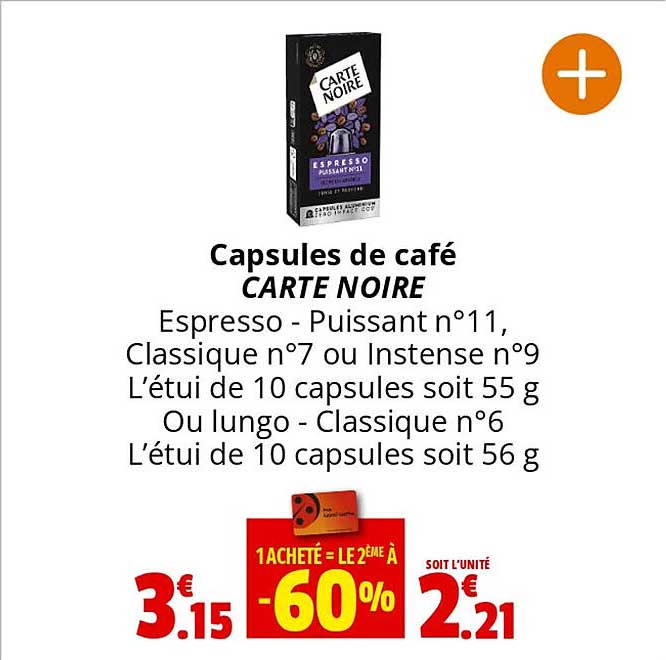 Promo 10 capsules de café compatibles avec machine nespresso carte noire  chez Coccinelle Express