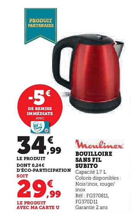 Bouilloire sans fil Subito BY550510 Rouge MOULINEX : la bouilloire à Prix  Carrefour