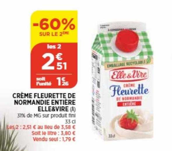 Monoprix Crème Fleurette Entière - 50cl - Crème Fraîche Fluide 30% MG - Origine France