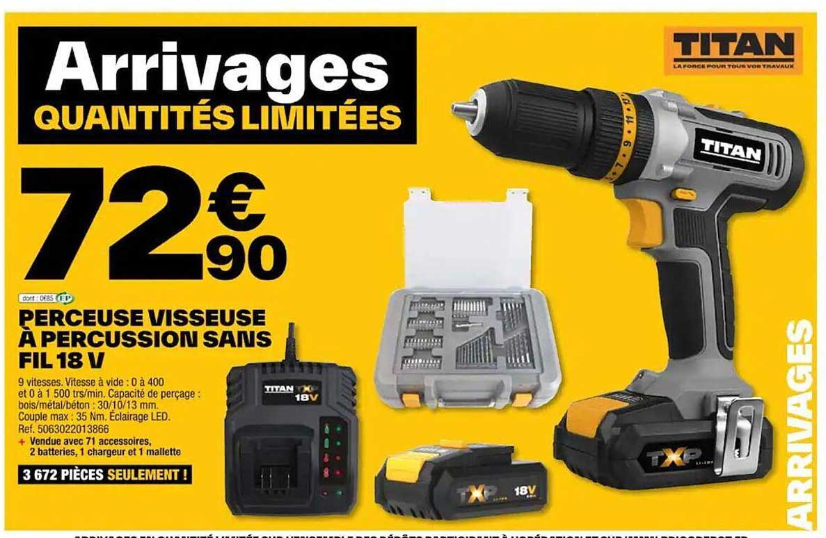 Promo Perceuse Visseuse à Percussion Sans Fil 18 V Titan chez Brico Dépôt iCatalogue.fr