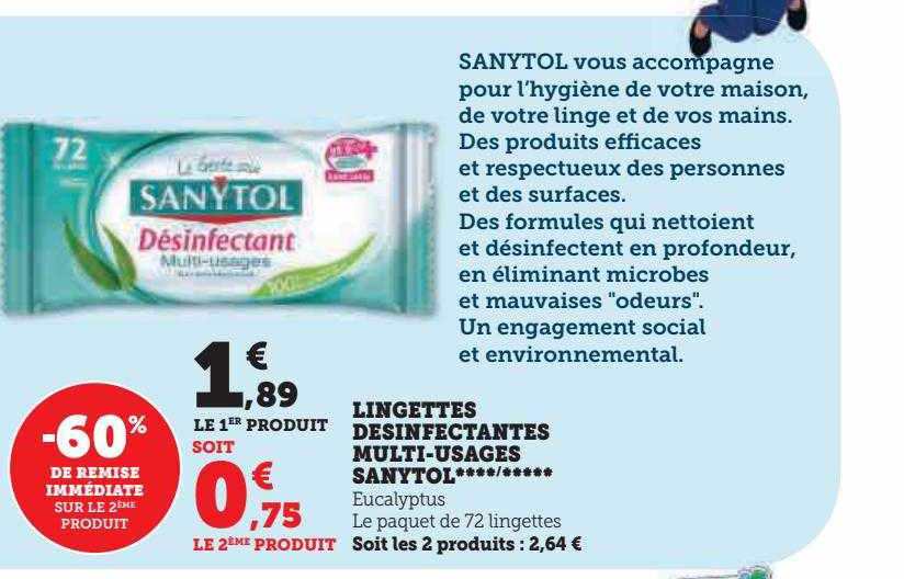 Lingettes Désinfectantes Sanytol X72 - Multi-Usages, Sans Javel, Fabriqué En France