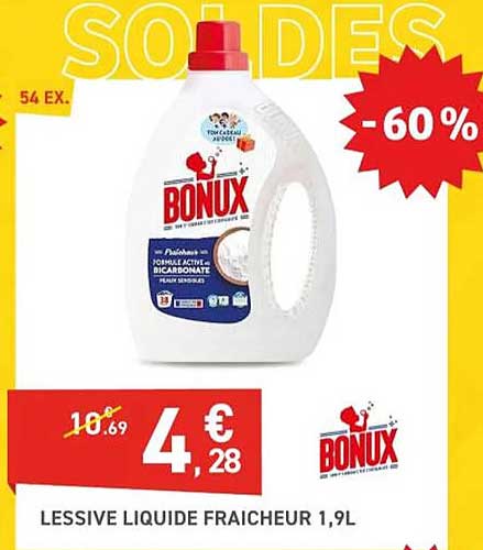 Promo Lessive Liquide Fraîcheur 1,9 L Bonux chez E.Leclerc 
