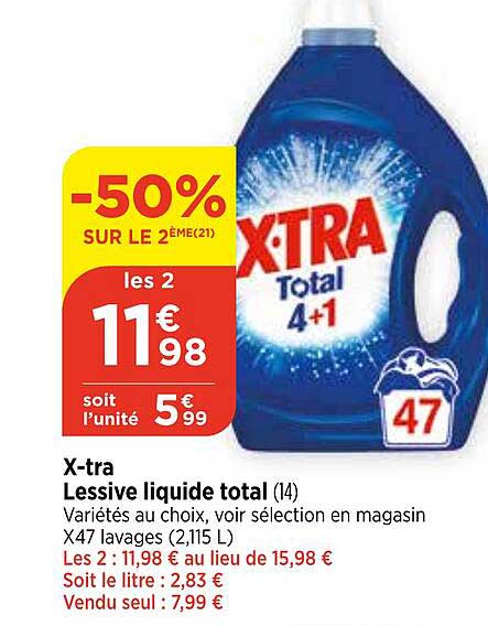 Lessive Liquide Total Blanc & Couleurs X-TRA : le bidon de 2,835L à Prix  Carrefour