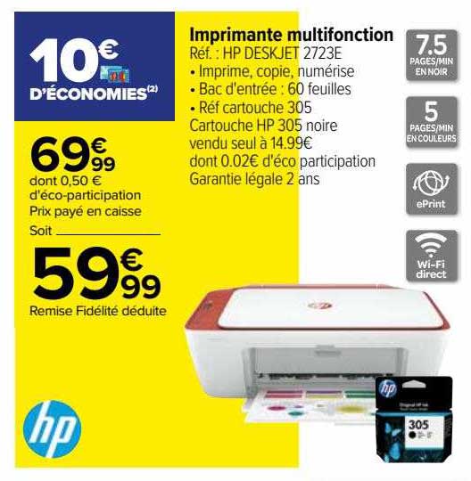 Promo Imprimante multifonction Ref.: HP DESKJET 2723E chez Carrefour