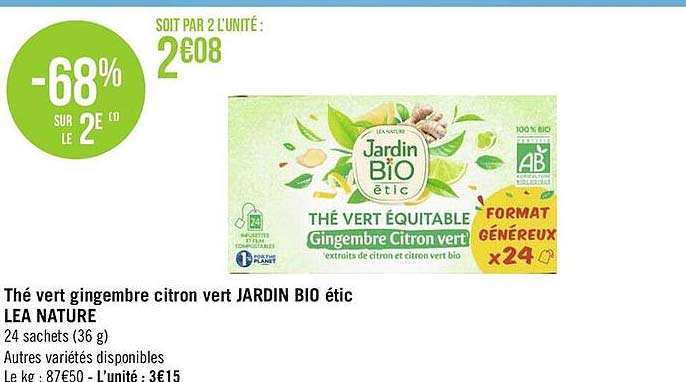 Vente Thé vert Gingembre Citron Vert - bio - Jardin BiO étic - Léa Nature  Boutique bio